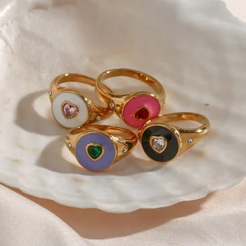 Wide Bright Enamel Ring Enamel Heart Pink Ring Zircon Heart Stone Y2K Ring in Stainless Steel