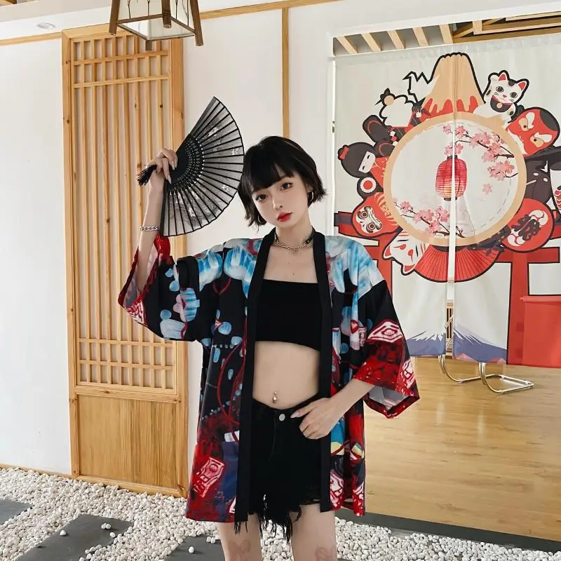 Japanese Fish Print Kimono Cardigan Harajuku Traditional Women Cosplay ...