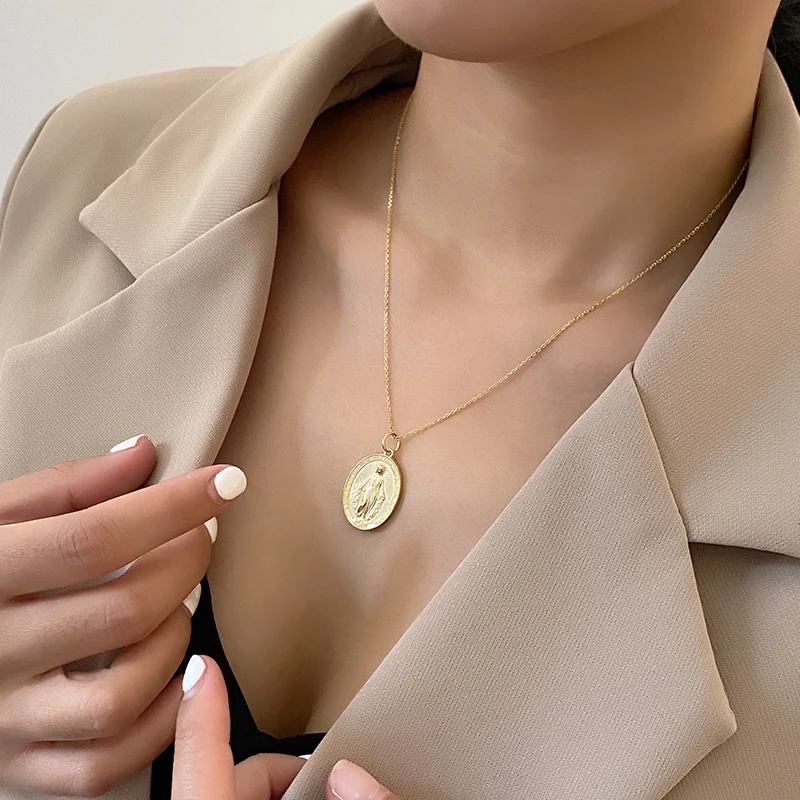 Religious Fine Jewelry Necklace Charm Women Gold Plated 925 Sterling Silver  Relief Christian Virgin Mary Pendant for Necklace - Main Image