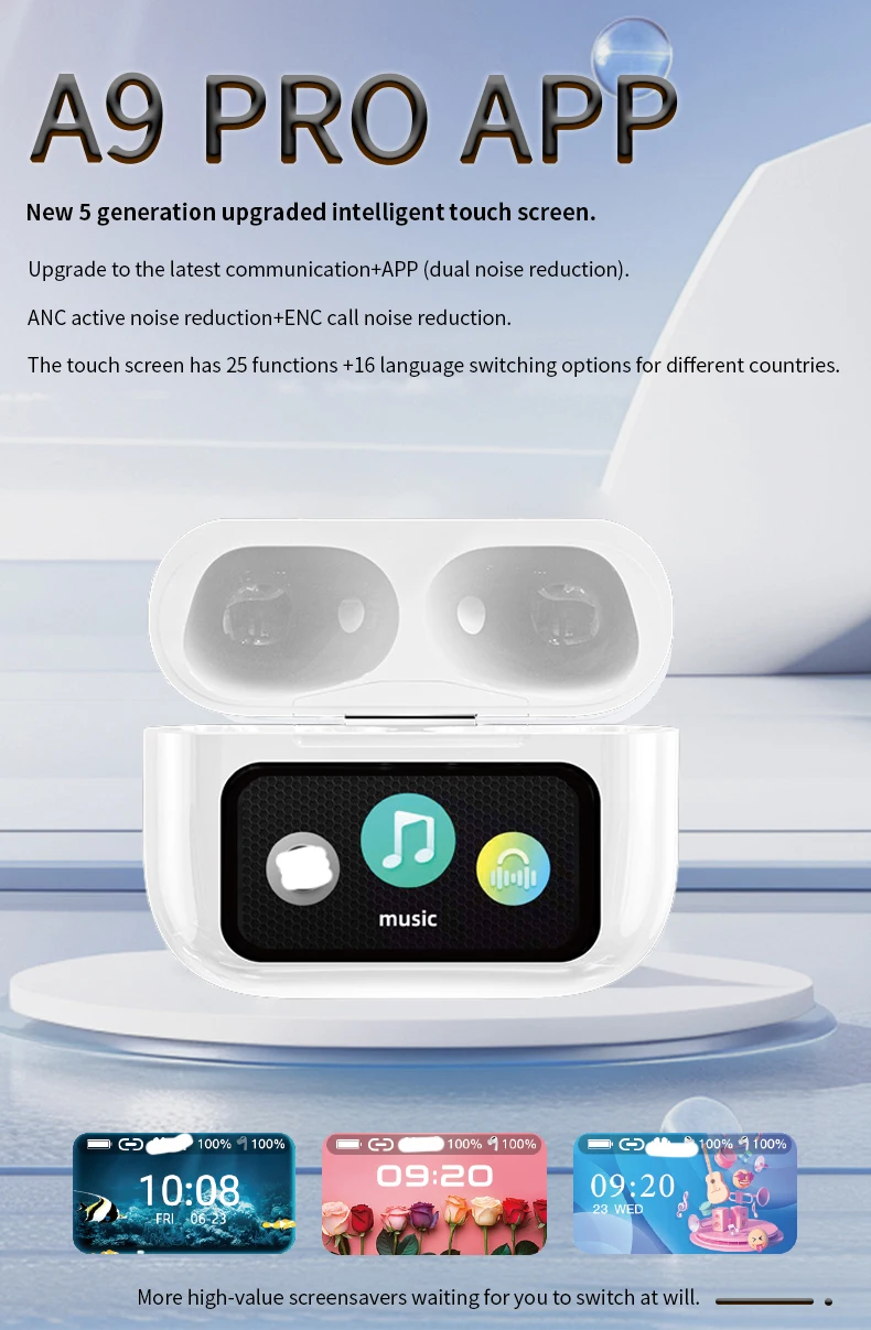 Upgrade A9 Pro APP Colorful Touch Screen Bluetooth ANC ENC GPS Active Noise Cancellation TWS Ultra Long Battery Life Earbuds