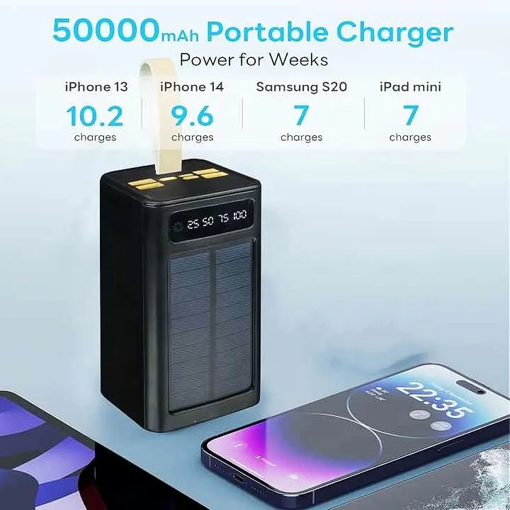 Manufacturer Solar Power Bank with Flashlight and Cables 60000mah Powerbank 100000mAh Solar Charger Solar Power Banks for Phones