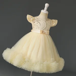 Flying Sleeve Sequins Princess Dress for Girl Bow Embroidery Layering Elegant Dresses for Girls