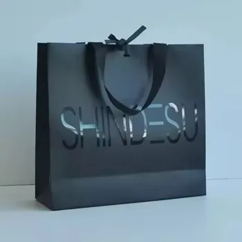 Customized Logo Printed Gift Shopping Paper Bag Luxury Black Packaging Bag With Ribbon Handle