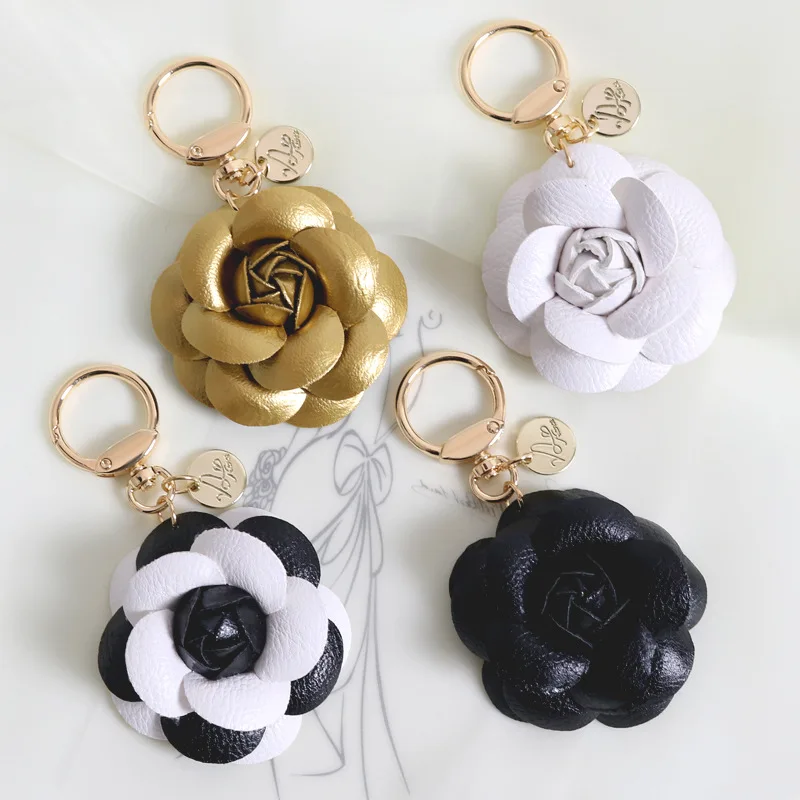 Wholesale PU leather Camellia Car Key Chain Alloy Tag Rose Flower Key Chain  Bag Pendant Accessories Keychain From m.