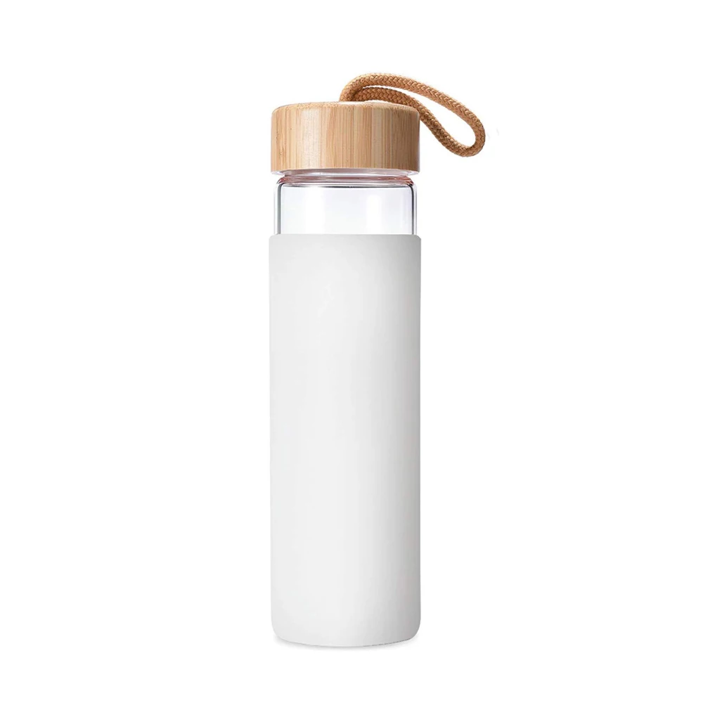 500ml Borosilicate sports glass water bottle with bamboo wood lid and  sleeve factory and manufacturers