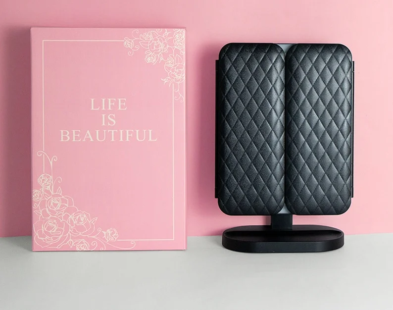 Hopfällbar sminkspegel LED-ljus 3-tonsljus sminkspegel 2X/3X förstoringsglas 360 graders justerbar uppladdningsbar