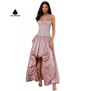 Women's Low Cut Satin and Chiffon Sleeveless Nightclub Party Pleated Dress Sexy Fashion Dress  Front Slit Ball Gown Dress