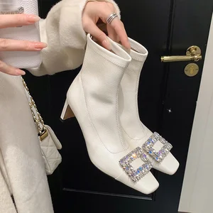 Women's White Ankle Boots with Sparkling Rhinestone Square Buckle Square Toe Block Heel Stylish Footwear for Wholesale