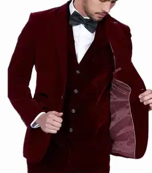 Purple Velvet Wedding suits For Tuxedo Slim Fit Men Suits For Groom Dress Groomsmen 3 Pieces Prom Formal slim fit coat Pant Vest