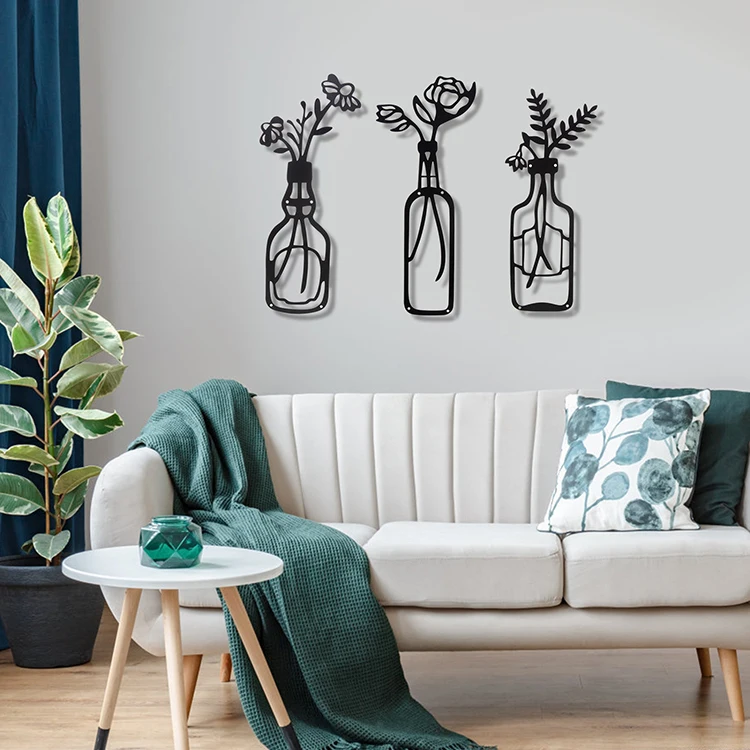 3 Pieces Laser Cut Metal Wall Art Decor Metal Flowers Vase Wall Decor