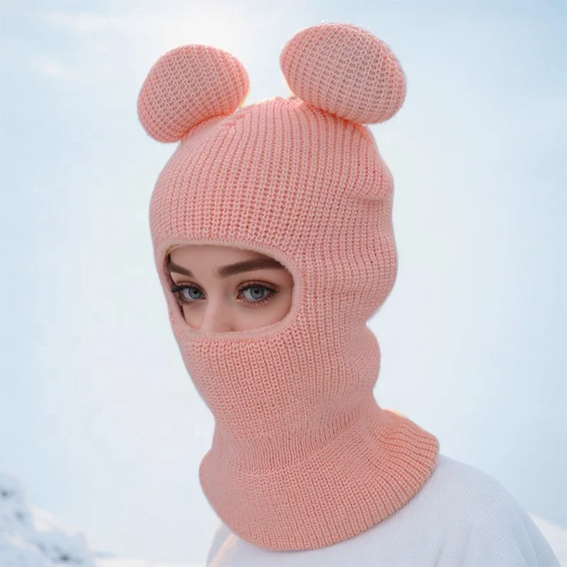 Ladies Knitted Ears Balaclava Face Mask Winter Warm Beanie Hat Earflap Hood  One Hole Skimask White pink Red Black Drop Ship