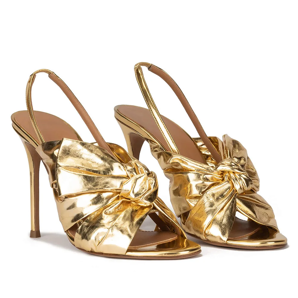 Factory New Fashion Sexy Bow Summer Sandals Gold Big Size Women Shoes High Heel Slingback Pumps - Image 1