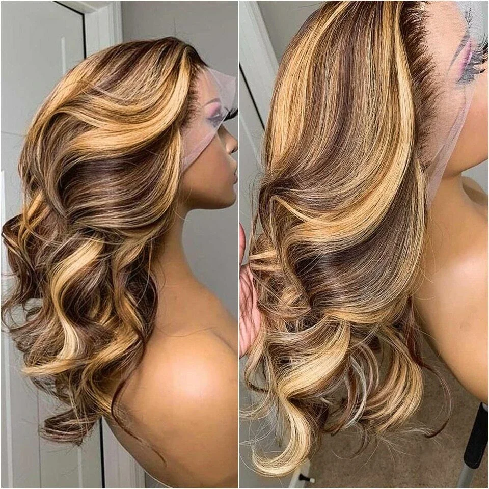 P4/27 Parrucca frontale in pizzo HD con onde del corpo colorate in evidenza Parrucche pre-pizzicate con capelli umani per donne nere_voghion.com