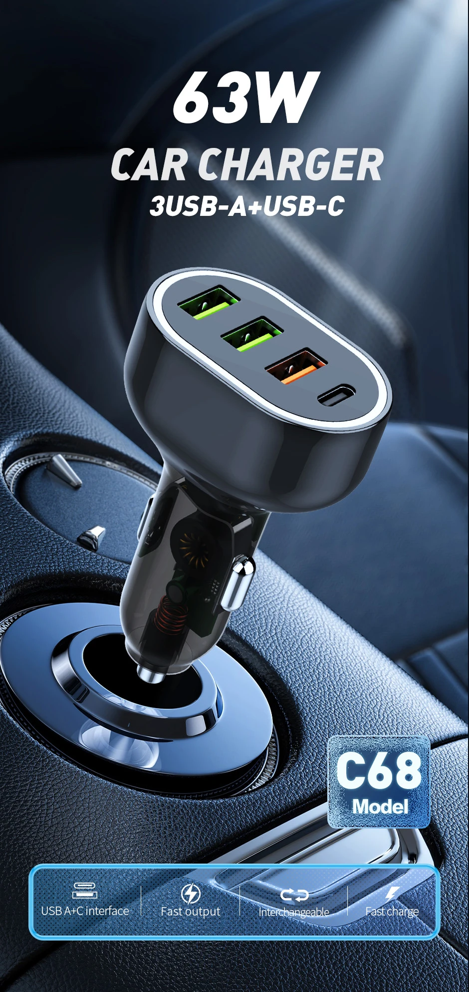 APPACS C68 车载充电器,带三个 USB-A 和一个 USB-C 接口,63W 快速充电,RoHS 和 CE 认证