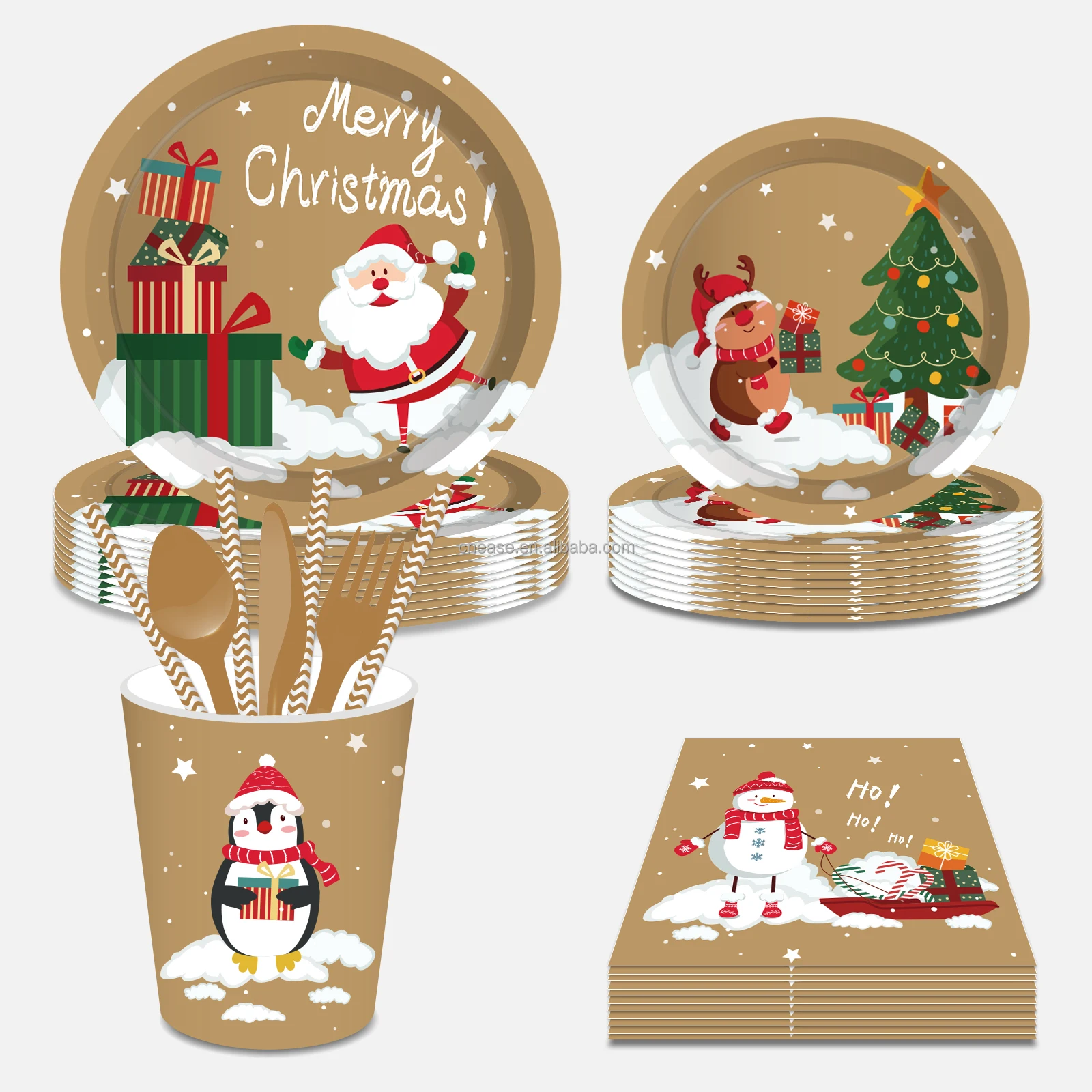 Huancai Merry Christmas Disposable Tableware Set Father Tree Snowman Paper  Plates Cups Napkins for Christmas Party Decorations