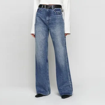 OEM/ODM Custom Women's Retro Straight-Leg Zipper Fly Denim Jeans Stretch Denim Fabric Y2K Style Loose Waist Hip Thigh Rivet