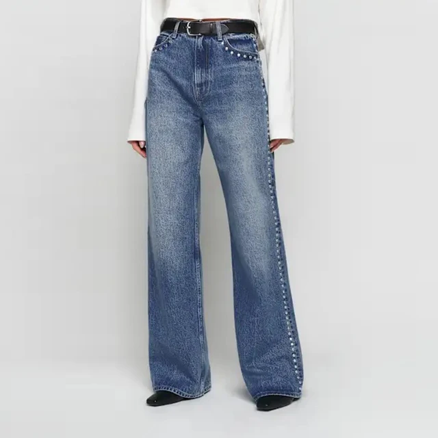 OEM/ODM Custom Women's Retro Straight-Leg Zipper Fly Denim Jeans Stretch Denim Fabric Y2K Style Loose Waist Hip Thigh Rivet