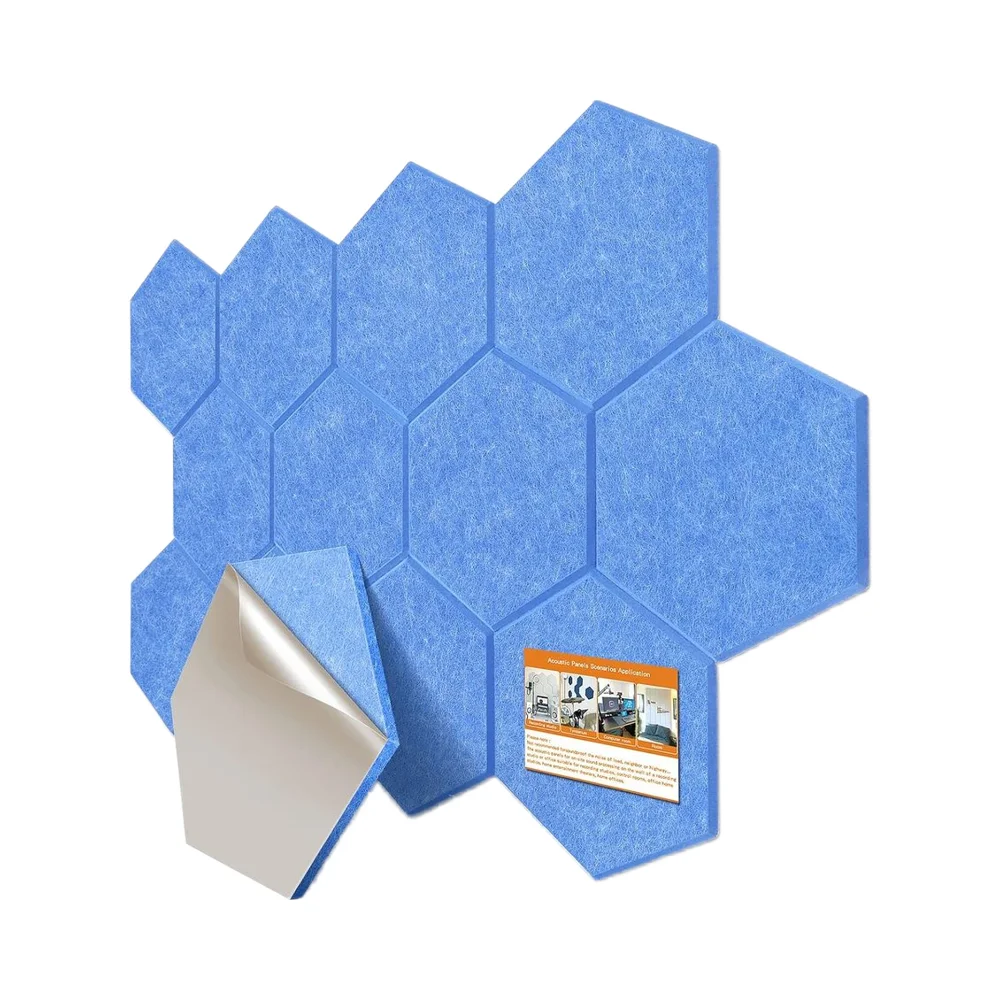 12 Pack Blue Self-Adhesive Hexagon Acoustic Panels Soundproof Wall Office Ceiling Door High Quality Pet Felt Acoustic Panel