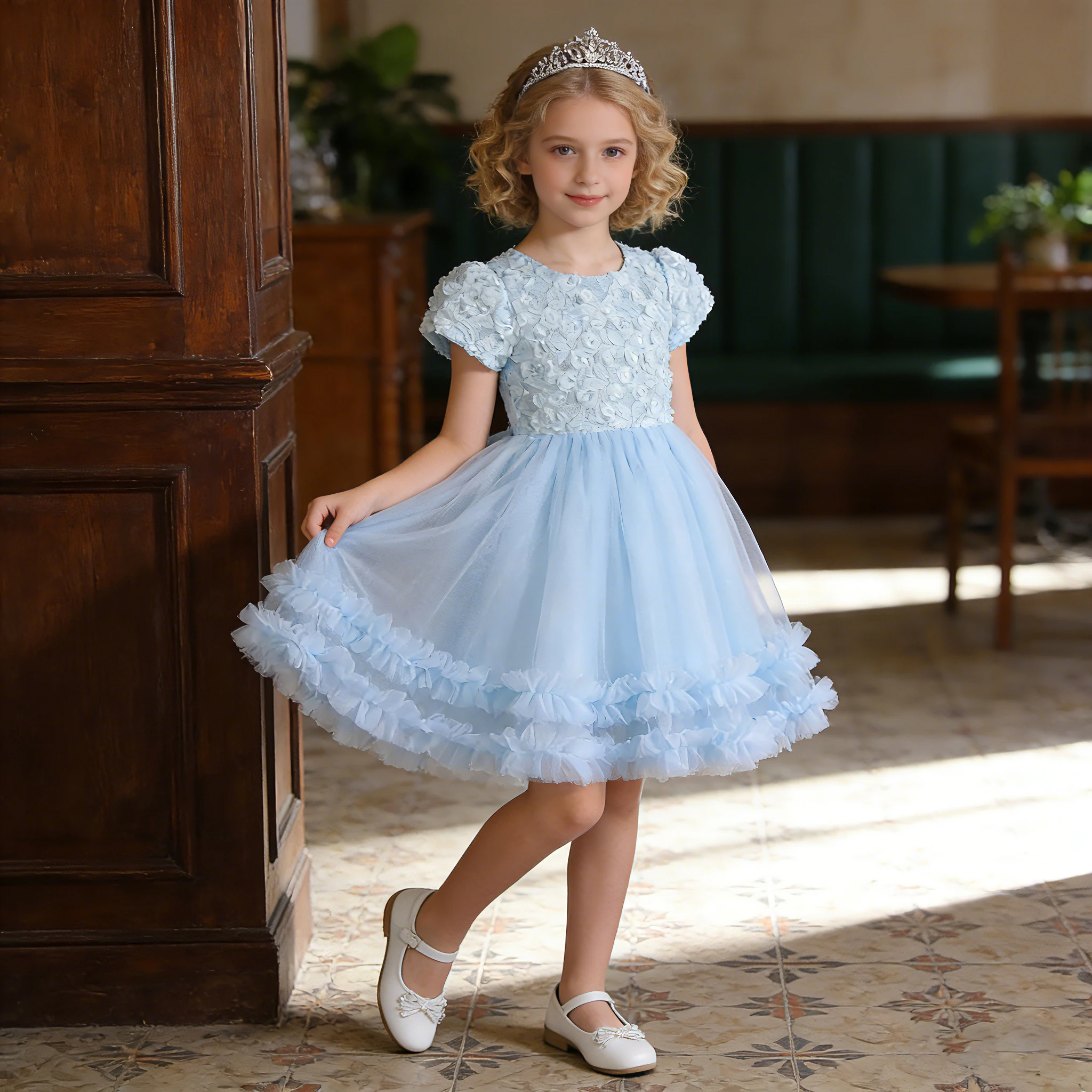 Fashion Princess Dresses for Girls of 10 Year Old Fluffy Flower Children Birthday Party Dress Short Sleeved Blue Kid Prom Dress Fashion Princess Dresses for Girls of 10 Year Old Fluffy Flower Children Birthday Party Dress Short Sleeved Blue Kid Prom Dress