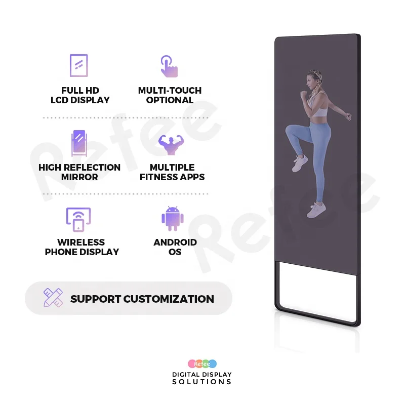 Modern Intelligent Interactive Mirror Smart Touch Screen Gym Workout Wall Mount WiFi Rectangle Design Metal LCD Display