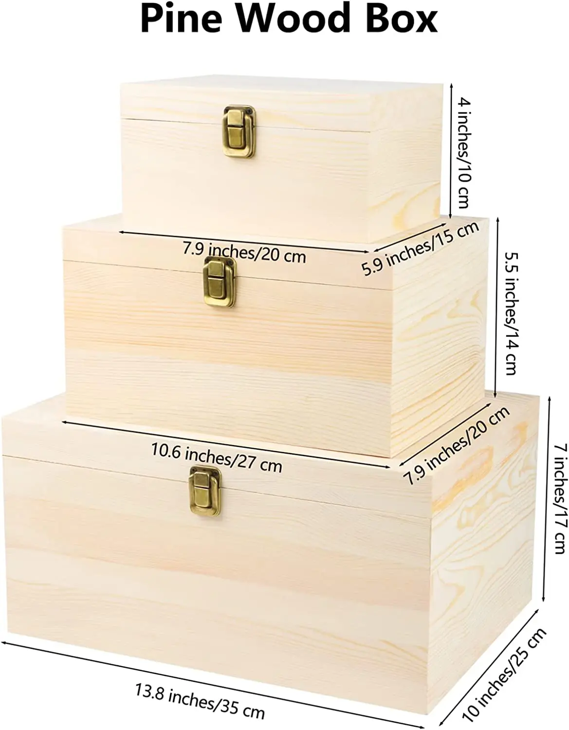 Packs Large Unfinished Pine Wood Jewelry Treasure Boxes With Hinged Lid