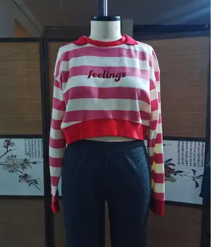 High Quality 100% Cotton Pique Crop Top Sweatshirt for Women Red White Stripe Custom Logo Breathable Regular Fit Casual Style