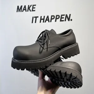 Derby Shoes Men's Black Matte Round Toe Solid Lace-up 2026 New Autumn Winter Thick Sole Trendy