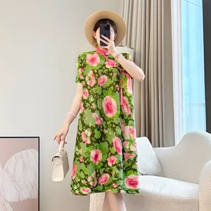 2026 Summer Pleated Miyake Dress Floral Pattern New Chinese Style Elegant Short-Sleeved Casual Logo Front Large Size for Mother