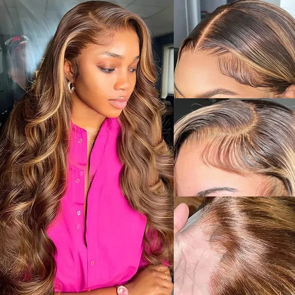 P4/27 Parrucca frontale in pizzo HD con onde del corpo colorate in evidenza Parrucche pre-pizzicate con capelli umani per donne nere_voghion.com