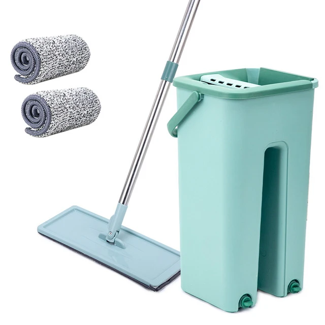 Microfiber Mop Pads With Flat Squeeze Bucket Hand-Free Floor Wash Tool Stainless Steel Pole Plastic Head for Hardwood Cleaning