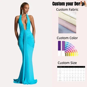 Wholesale Summer Casual Ruched Sexy Maxi Dress Halter Sleeveless Draped Club Deep V Neck Backless Party Long Dresses