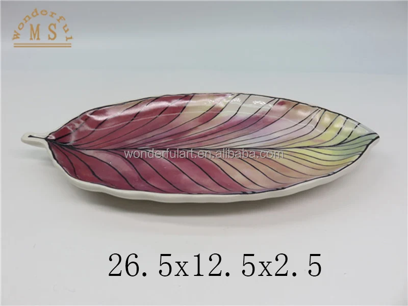 Irregular Leaf Shape Plate with Decal Ceramic Plate Candy Dish Dessert Tray for Dinner Tableware