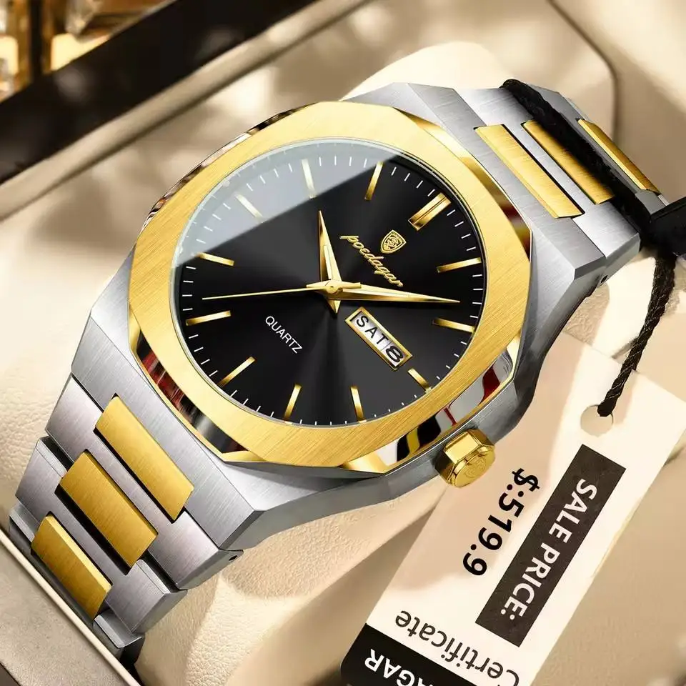 POEDAGAR 825 Men's Quartz Sports Watch Waterproof Luminous Steel Week  Display Square Calendar Men Clock Wristwatch Reloj