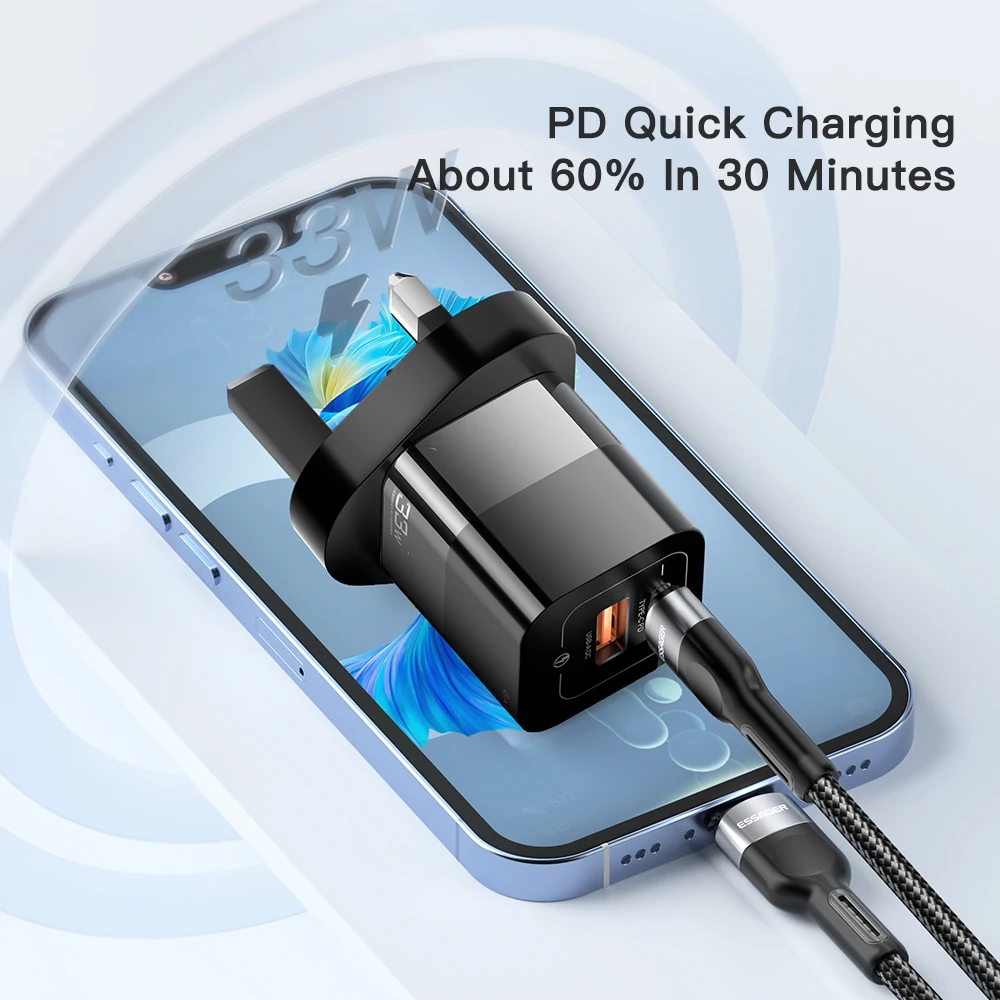 Essager 2022 Square Brick UK Plug Pd 33W Quick Charging USB Type C Ports Wall Charger With Good Quality