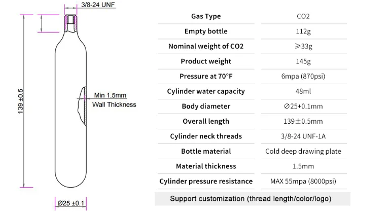 Co2 Gas Cylinder 8g 12g 20g 22g 24g 25g 33g 38g 45g 50g 60g 65g 74g 88g ...