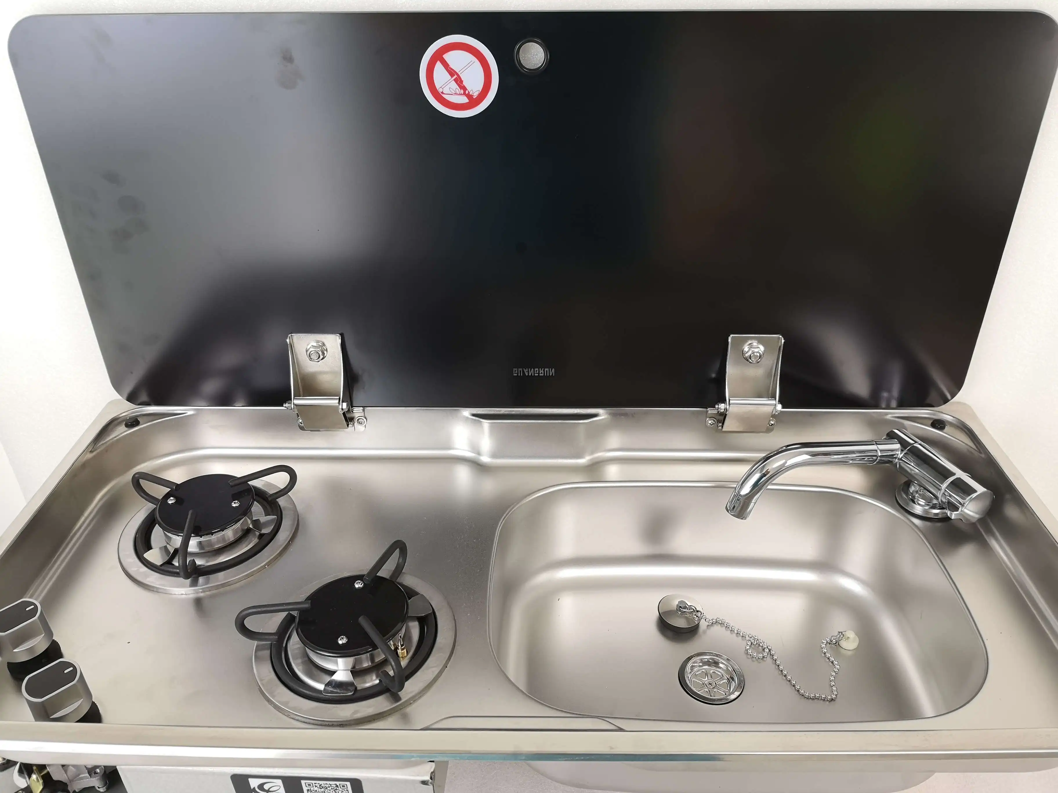 2 Burner Gas Stove Sink Combo With Glass Lid 2*1.8kw 775*365*150/120mm