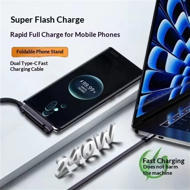240W USB Type C Fast Charging Data Cable Phone Stand for Mobile Phones Tablets Gaming Devices