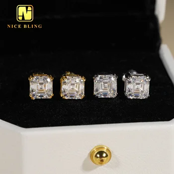 18K gold plated fashion 925 sterling silver vvs moissanite earrings screw back asscher diamond ear studs for men women