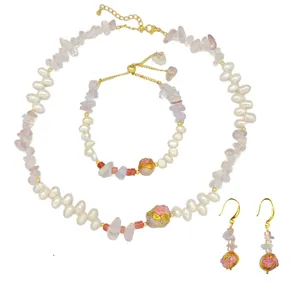 Baroque Style Women's Copper Gold Plated  Necklace Freshwater Pearl Pendant Vintage Chains  Wedding Jewelry Set