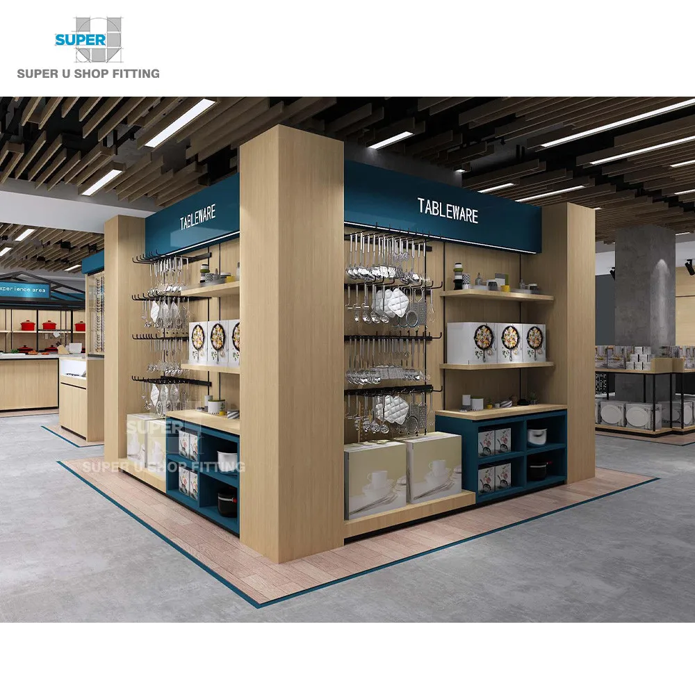 Modern Custom Wood Cookware Department Store Fixtures Hot Fashion Unique Housewares Shop Interior Design for Kitchenware