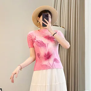 Miyake 2026 Women's Printed Pleated T-Shirt High-End Short-Sleeved Summer Top Casual Knitted All-Match Base Thin Pleats Small