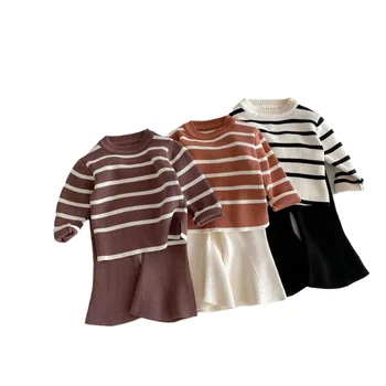 Korean Casual Winter and Autumn Girls Sweater Set Cute Striped Knitted Top Flared Pants Two-Piece Set for Young Children
