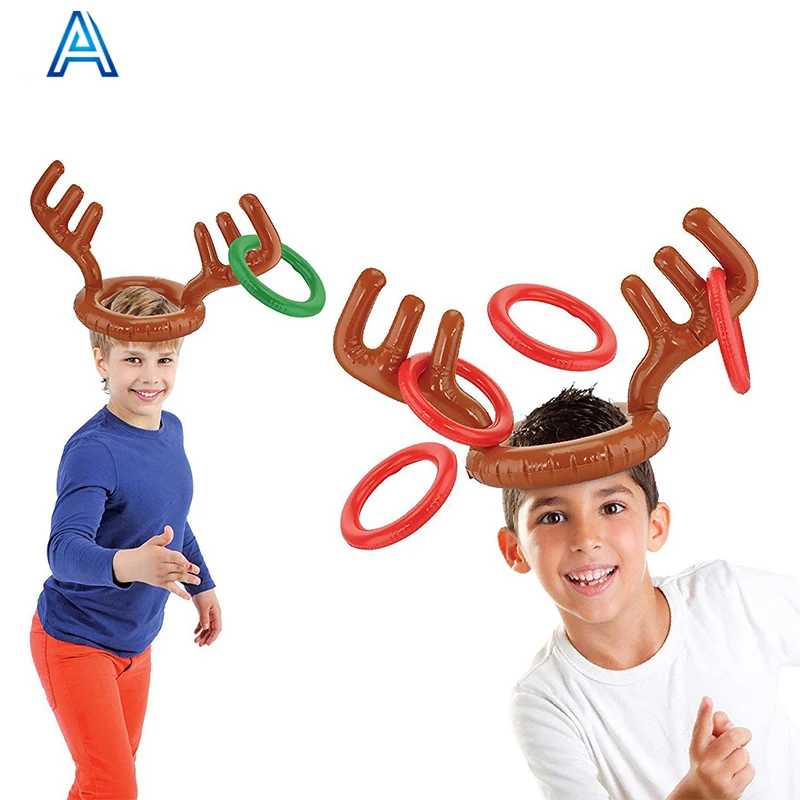 Chapeau Gonflable Corne De Caribou + 8 Anneaux – Jeu De Lancer Fou Pour Noël, Fête Famille Et Amis, Pompe Incluse