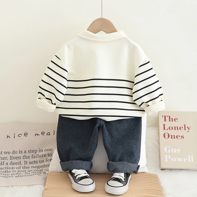 Boys' Hoodie Children's Spring and Autumn 2025 Boys' Striped Polo Shirt Set
