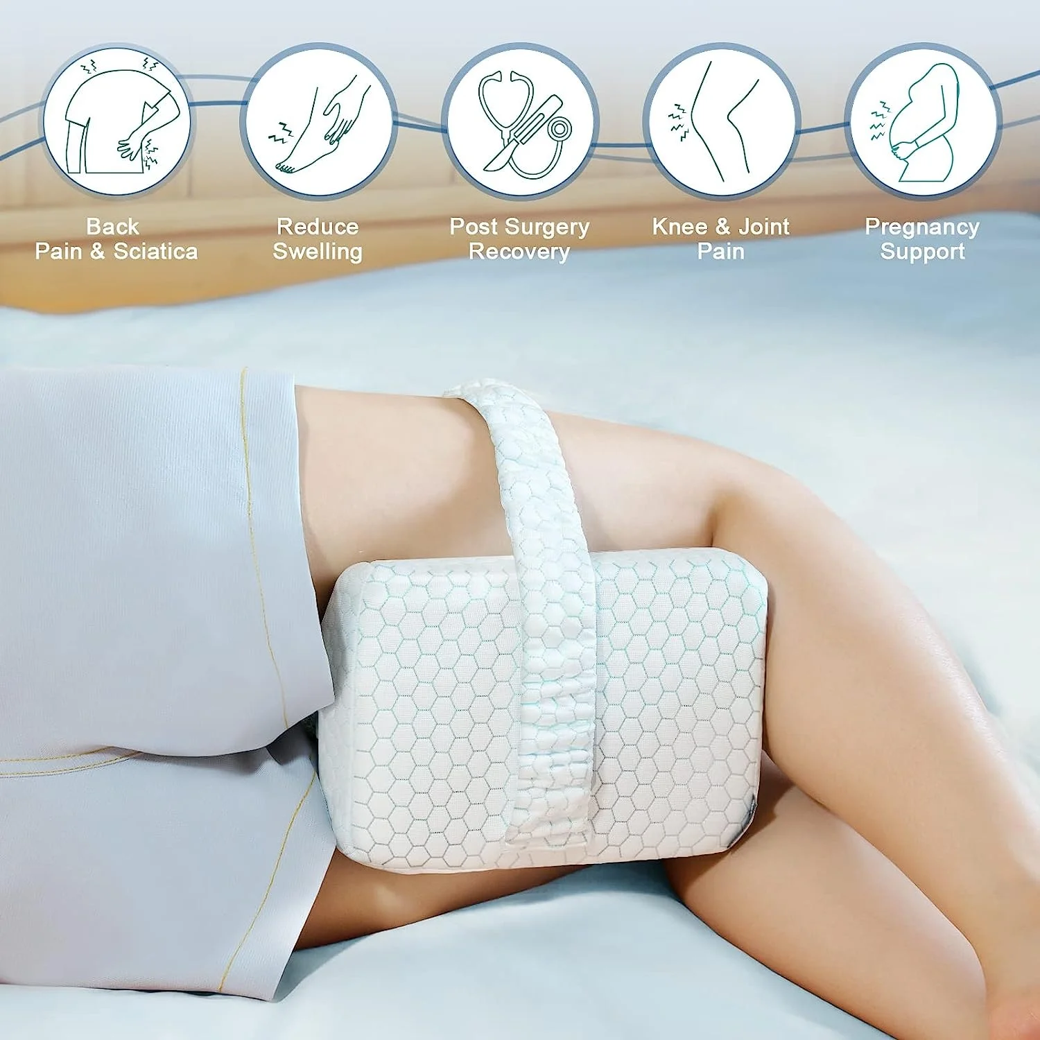 Cooling Knee Pillow for Side Sleepers Gel Memory Foam Leg Pillows for  Sleeping with Ice Silk Cover and Strap