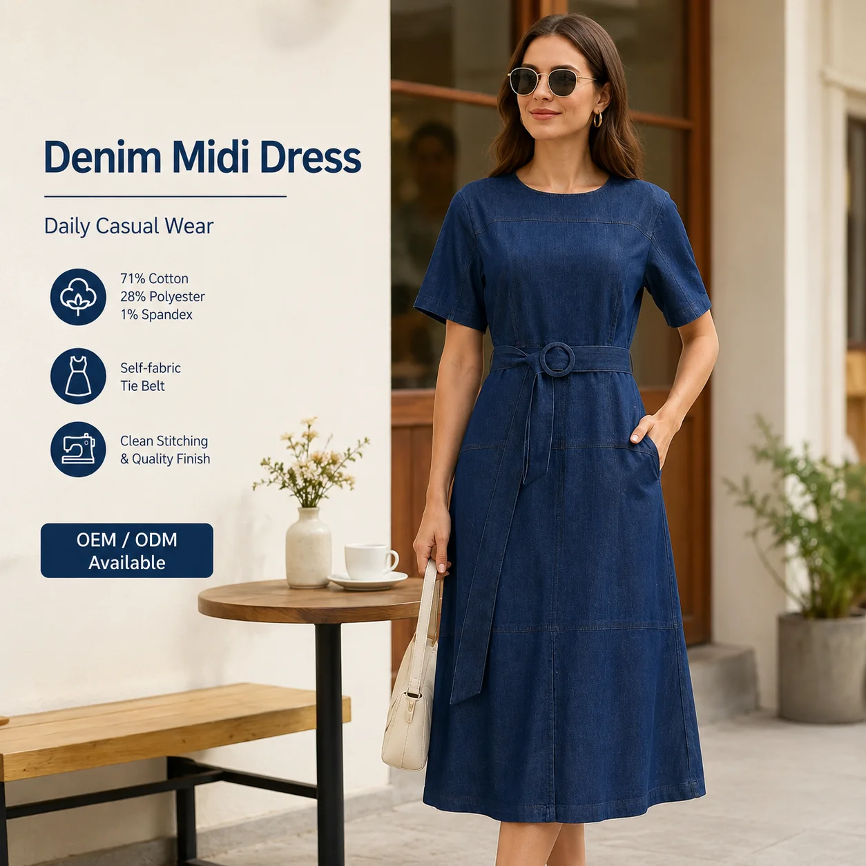 OEM ODM Summer Midi Denim Dresses Cotton Blend Dark Wash Casual Breathable Plus Size Women Dresses