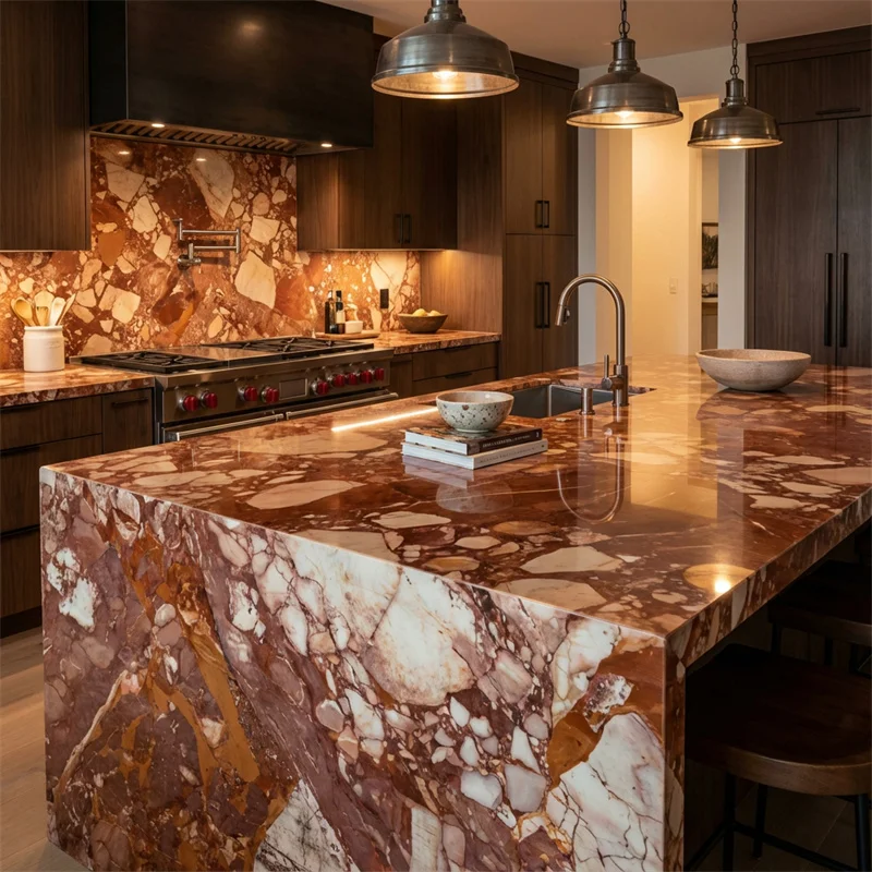 Табиғи тас, жаңа Breccia Pernice мәрмәр кухня столының үсті, заманауи әдепті мәрмәр үстелдер, кухнялық столдардың үсті үшін