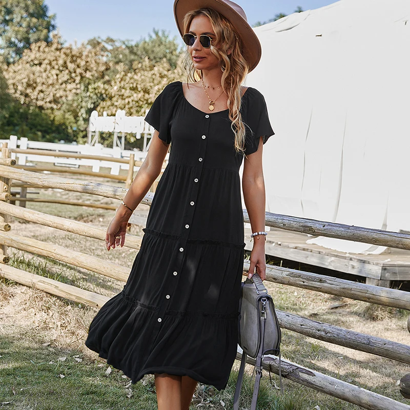 MOTE-ZC692 2022 New Woman Long Summer Dress Black v Neck Button Big Swing Dress Ruffle Cotton Plain Short Sleeve Dress| Alibaba.com MOTE-ZC692 2022 New Woman Long Summer Dress Black v Neck Button Big Swing Dress Ruffle Cotton Plain Short Sleeve Dress| Alibaba.com