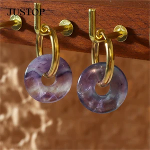18K Gold Plated Stainless Steel Huggies Hoop Earrings Pearl Pink Jade Stone Ear Charms Unisex Trendy Accessory for Parties