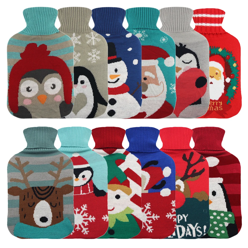 custom water filling hot water bottle 2l rubber hot water bag with christmas knitted cover